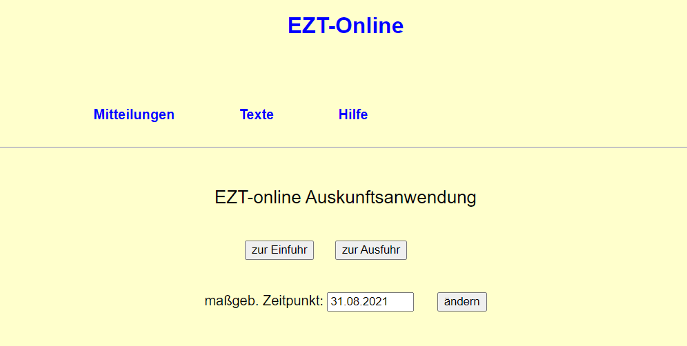 Startseite der Datenbank EZT zum suchen der richtigen Zolltarifnummer